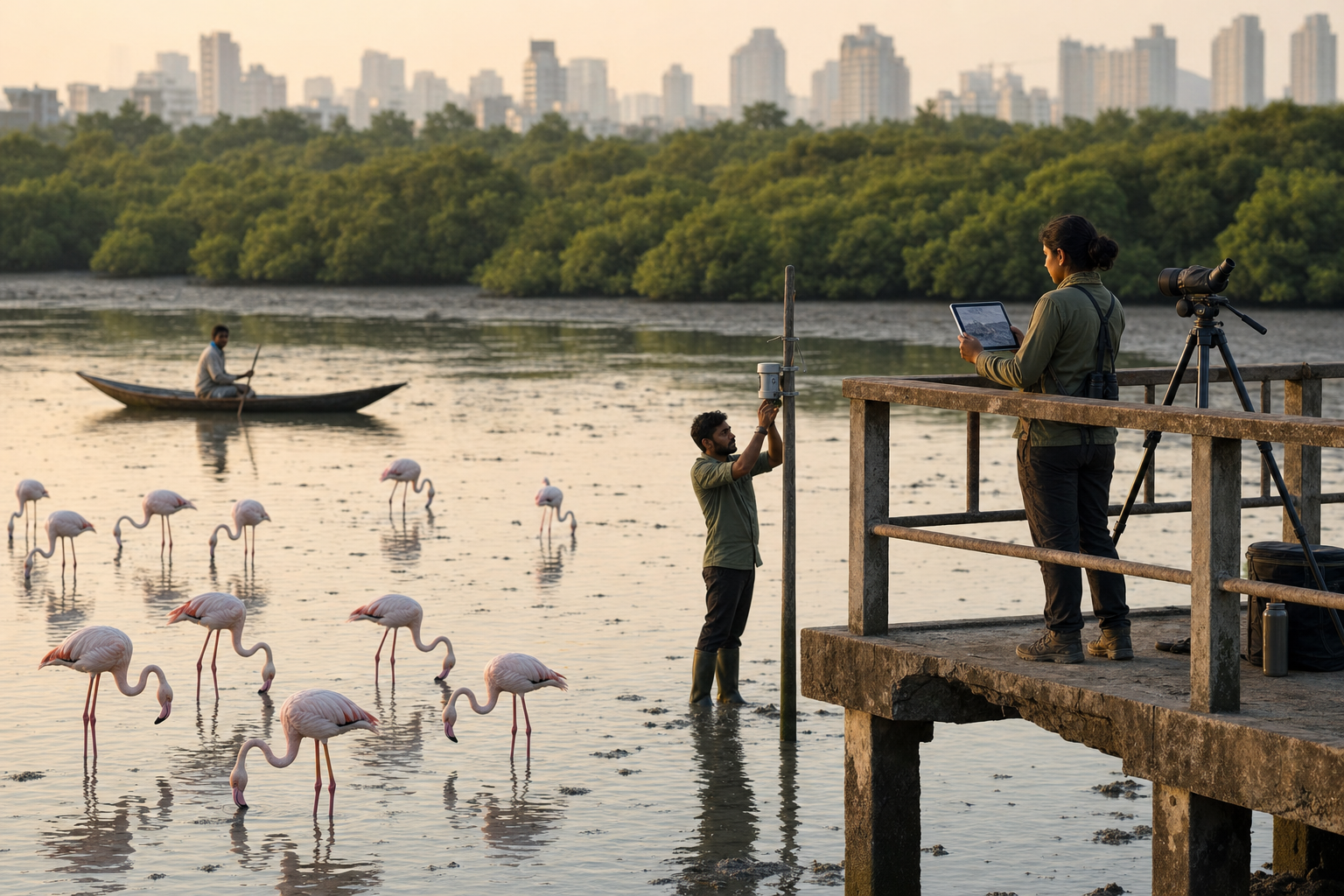 Field staff check a tablet and a discreet sensor while flamingos continue feeding undisturbed in Thane Creek.