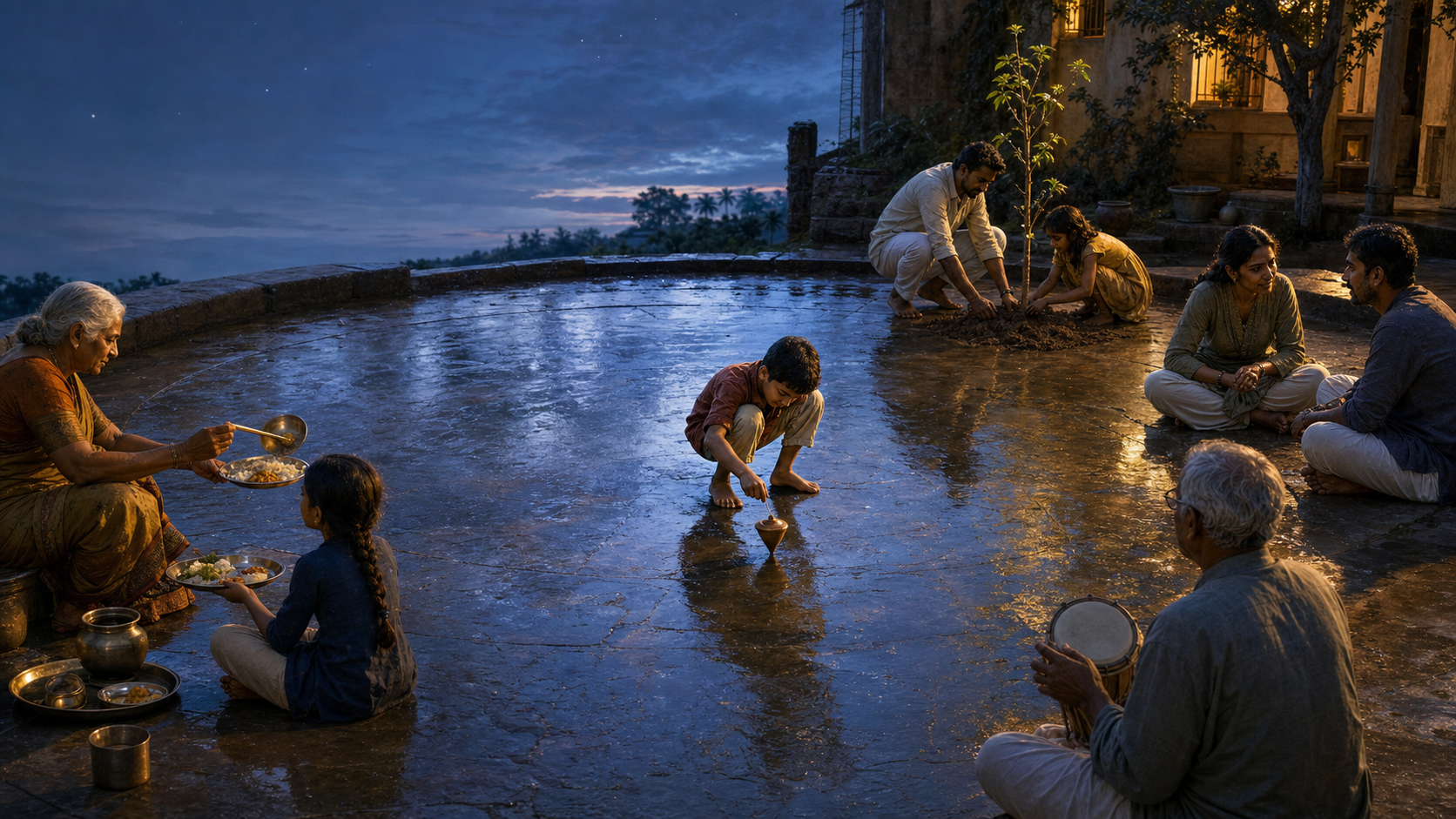A child spins a wooden top in a circular courtyard while adults nearby serve food, tend a sapling, make music, and talk together at dusk.