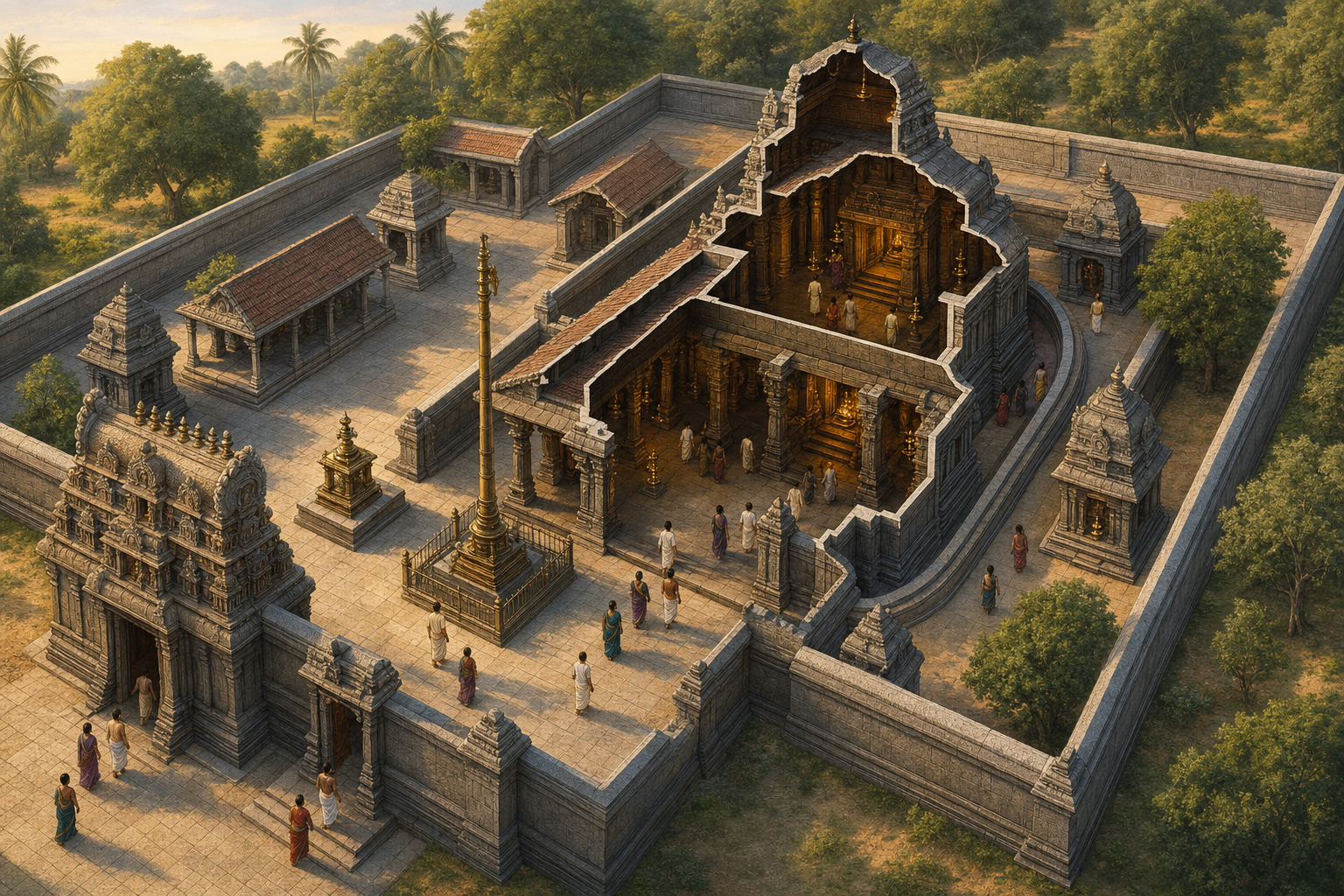 A cutaway view of a temple complex shows the gateway, courtyard, flagstaff, pillared hall, circumambulatory path and inner sanctum arranged along a sacred axis.