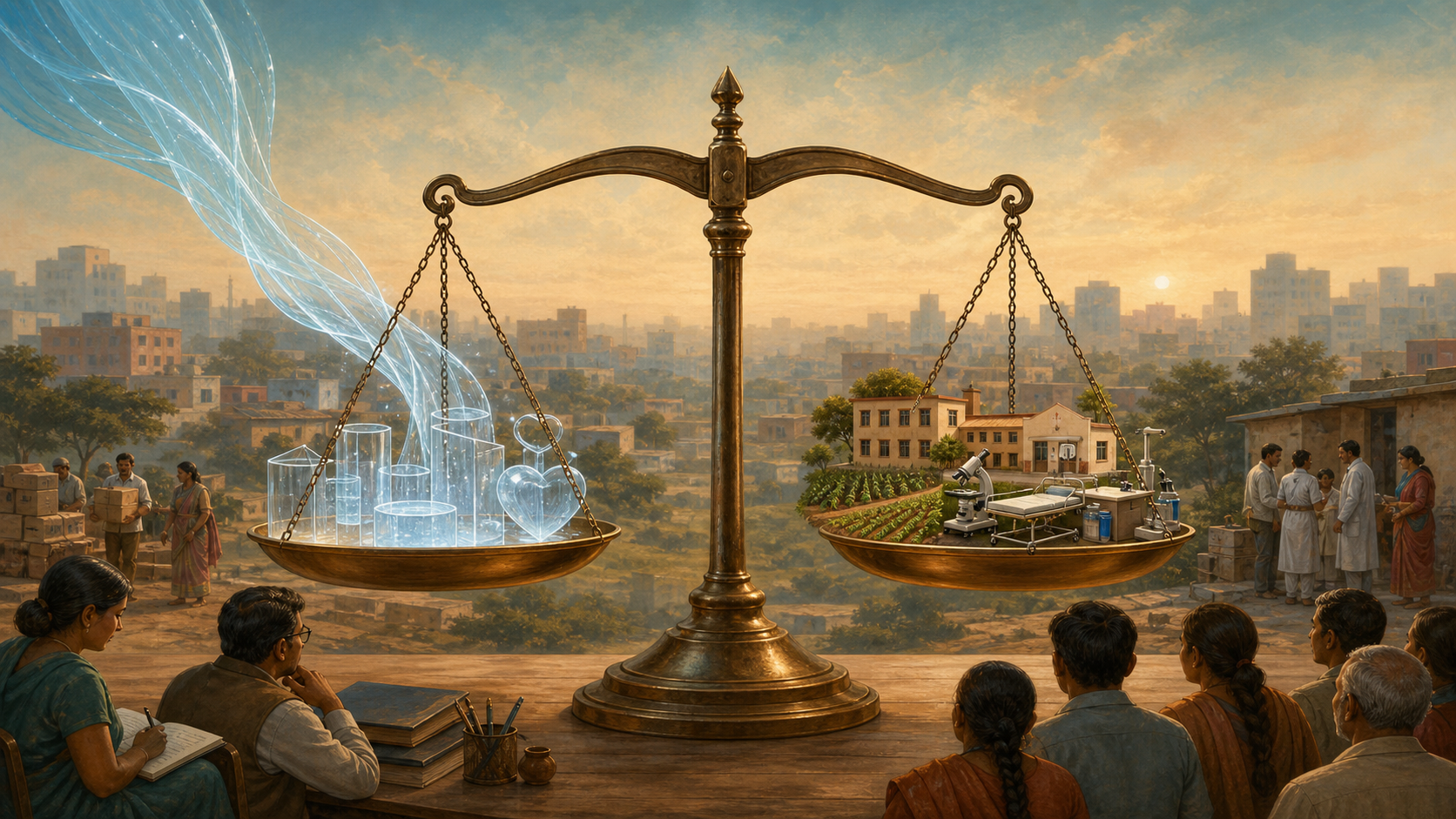 Editorial illustration of balanced scales between an international funding stream and Indian schools, hospitals, land and equipment.