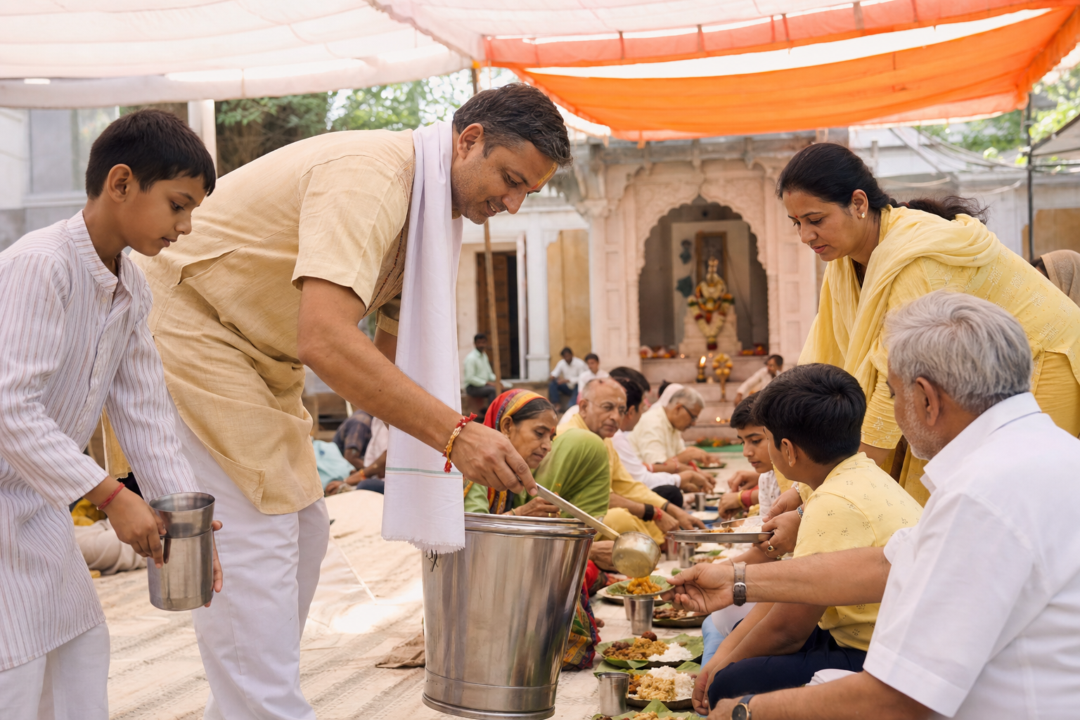 A family serves a meal and water to community members in a shaded courtyard while a small flowered shrine glows in the background.