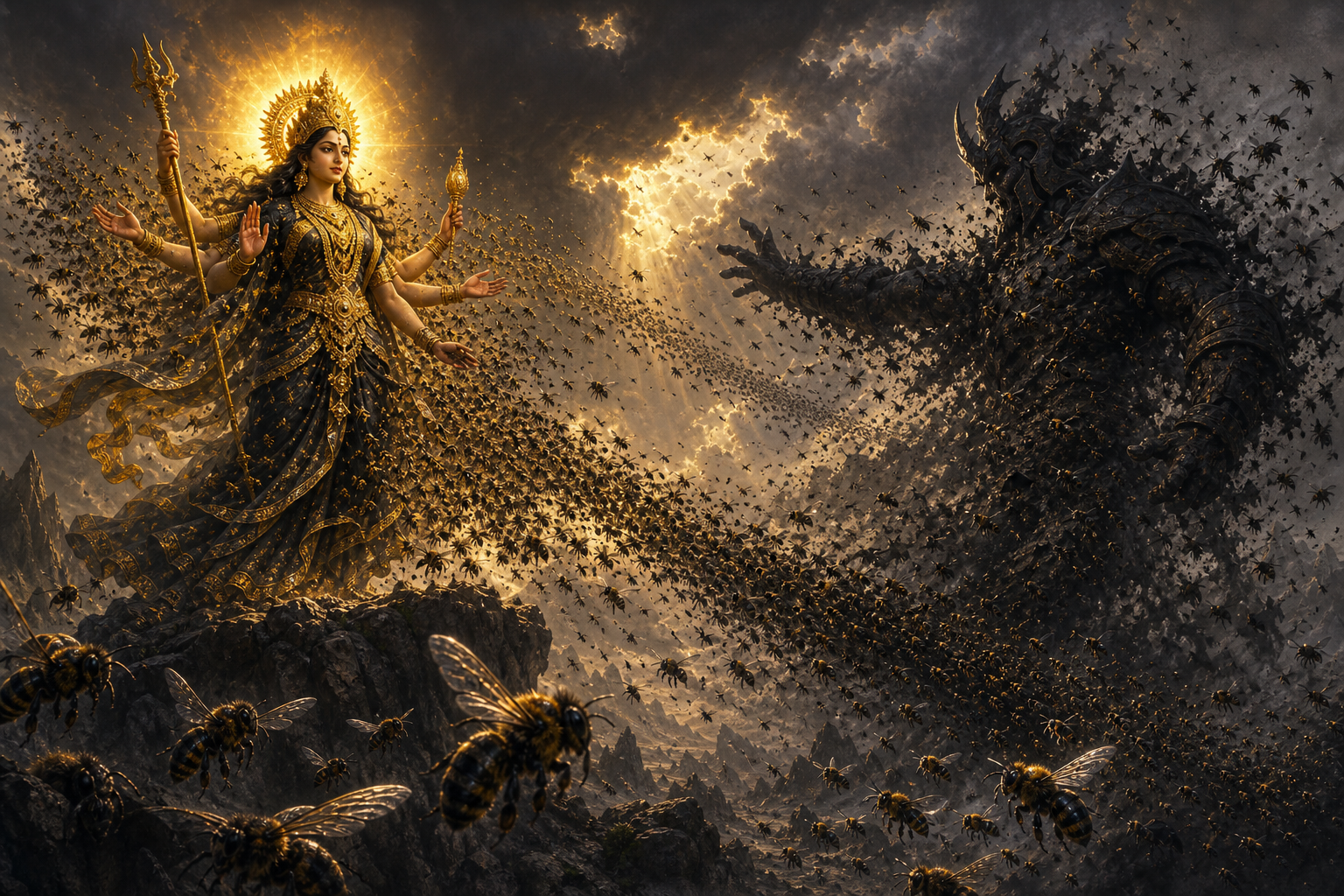 Bhramari Devi directs a vast swarm of black bees toward a towering shadowy demon in a storm-lit mythic landscape.