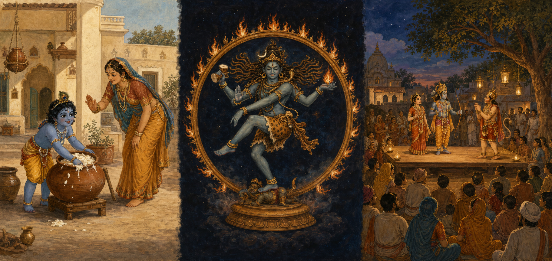 Three illustrated scenes show child Krishna beside a butter pot, Shiva dancing within a ring of flame, and a community watching an outdoor sacred drama.