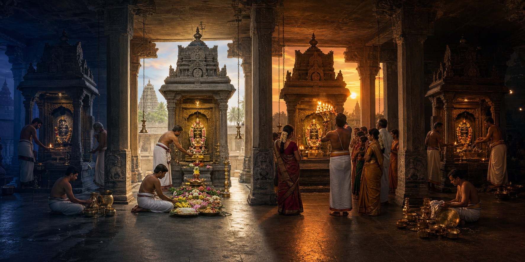 A panoramic sequence shows the same temple at predawn, midday, sunset and night with changing lamps, offerings and groups of worshippers.