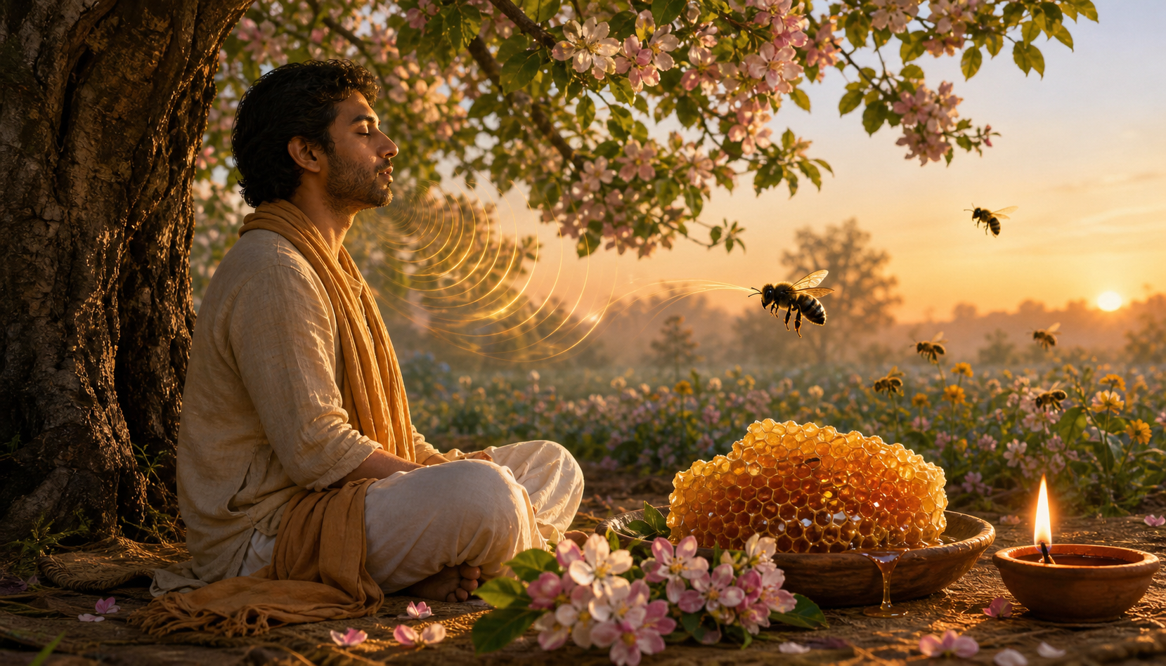 A seated devotee practices a humming breath beneath a flowering tree as a black bee flies near honeycomb, blossoms and a clay lamp.