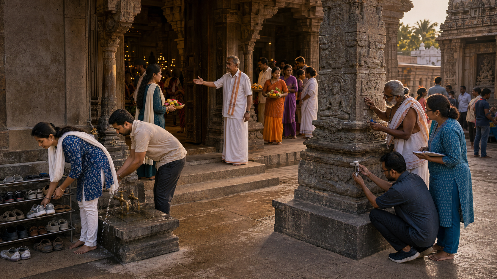 Visitors remove their footwear and wait respectfully in a temple courtyard while temple staff and conservation specialists inspect a weathered stone pillar.