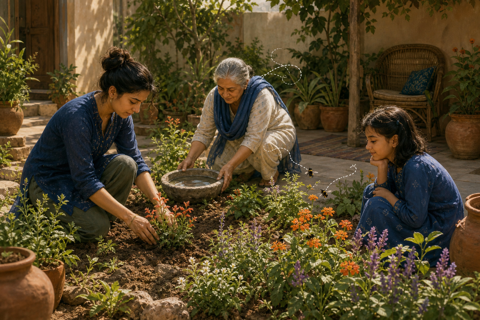Three people tend flowering plants and a shallow water dish while black bees forage in a sunlit courtyard garden.