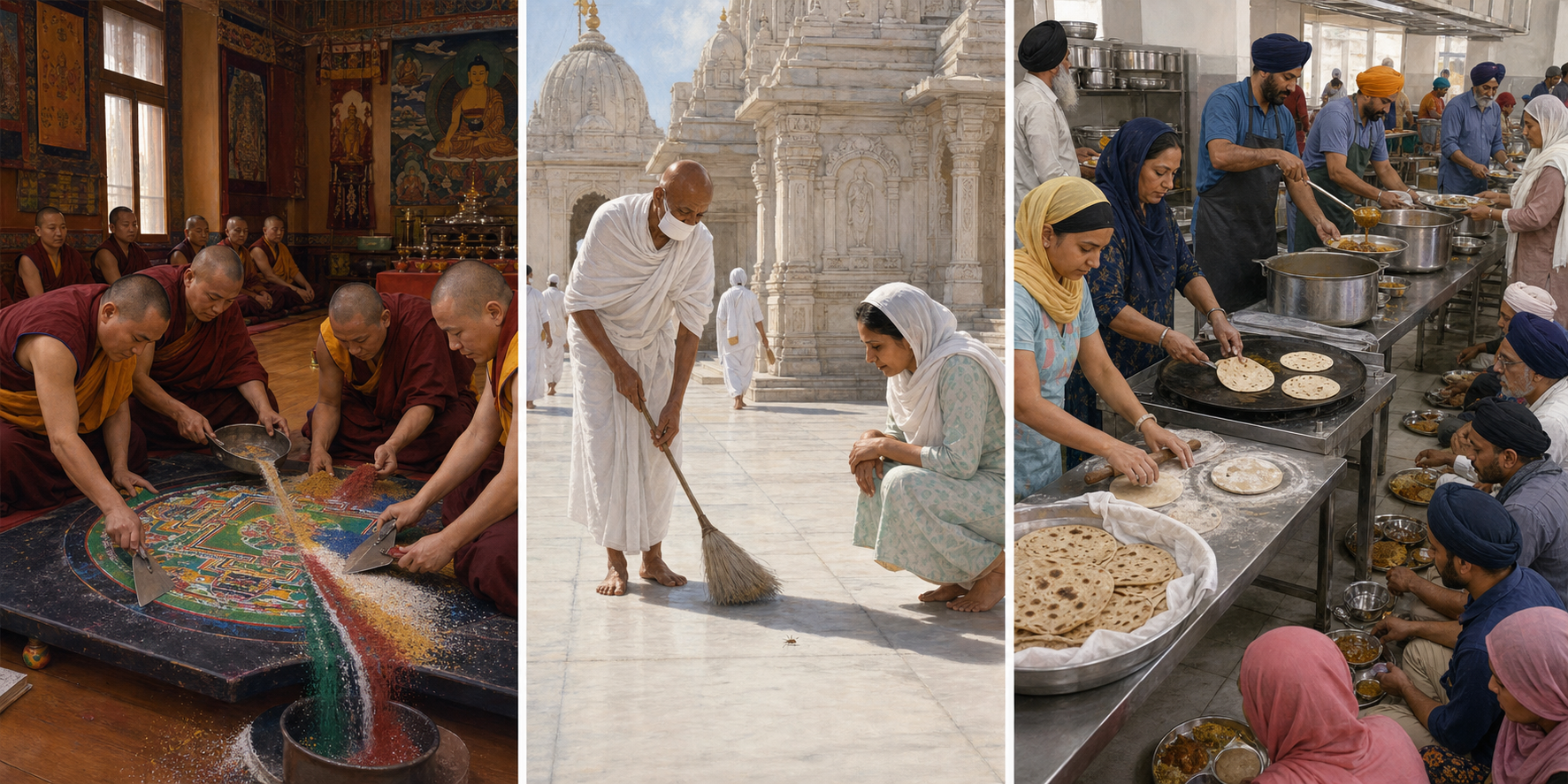 Separate scenes show Buddhist monks dispersing a sand mandala, a Jain monk sweeping a path, and Sikh volunteers preparing and serving a communal meal.