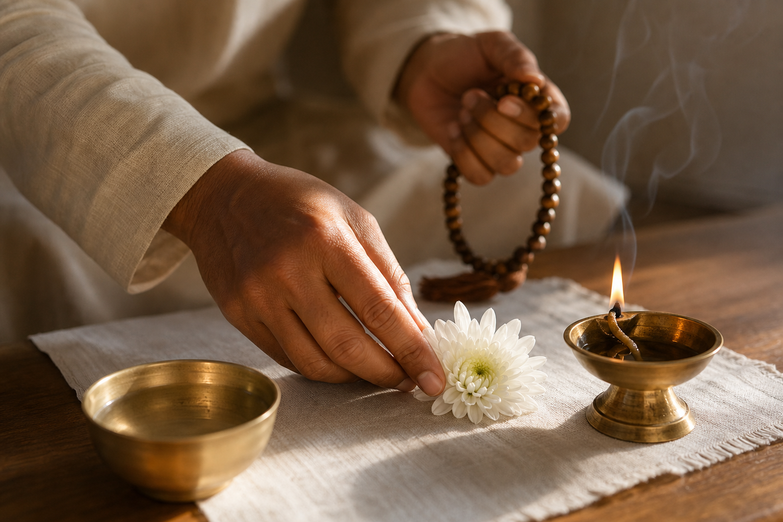 Hands place a fresh flower beside a brass lamp while holding wooden prayer beads during a simple home devotional practice.