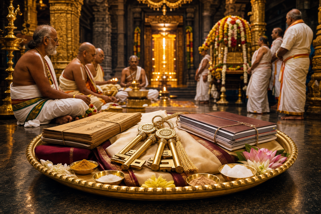 Ceremonial keys and account books offered during Aanivara Asthanam at Tirumala Venkateswara Temple.