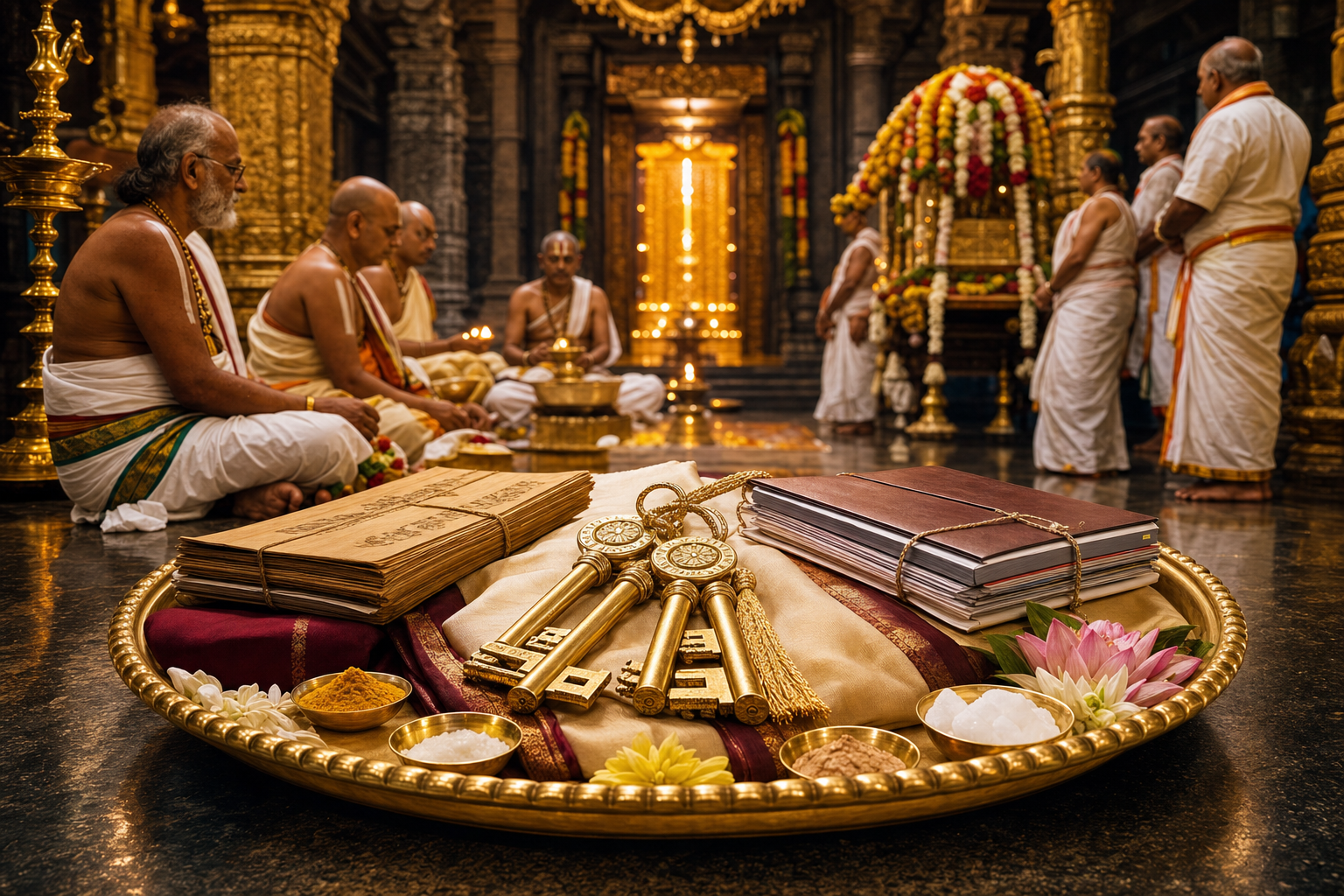 Ceremonial keys and account books offered during Aanivara Asthanam at Tirumala Venkateswara Temple.