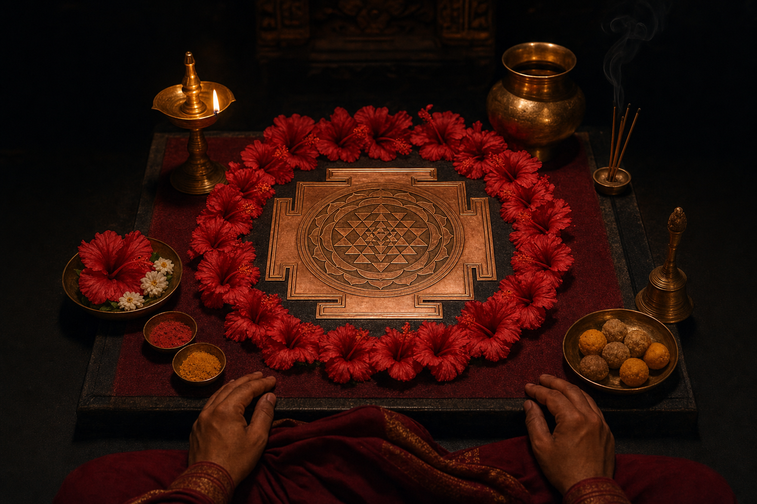A carefully arranged Shakta altar with a copper yantra, red hibiscus flowers, oil lamp, water vessel, bell, incense, and offering bowls.
