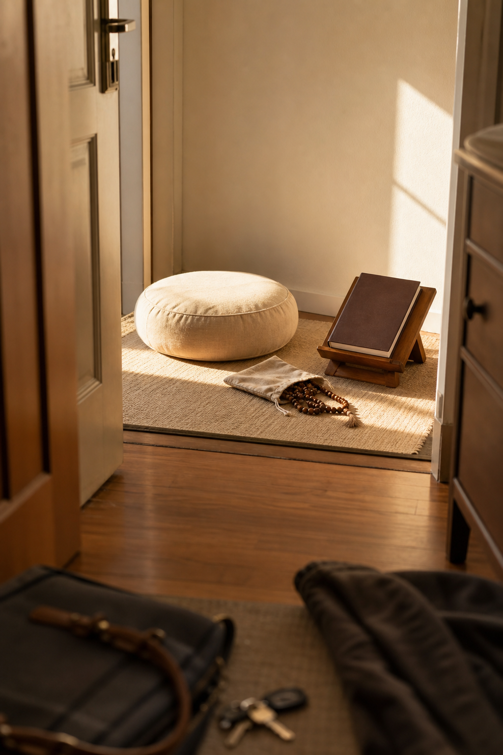 A meditation cushion, prayer beads, and a sacred book wait in an accessible corner near everyday belongings.