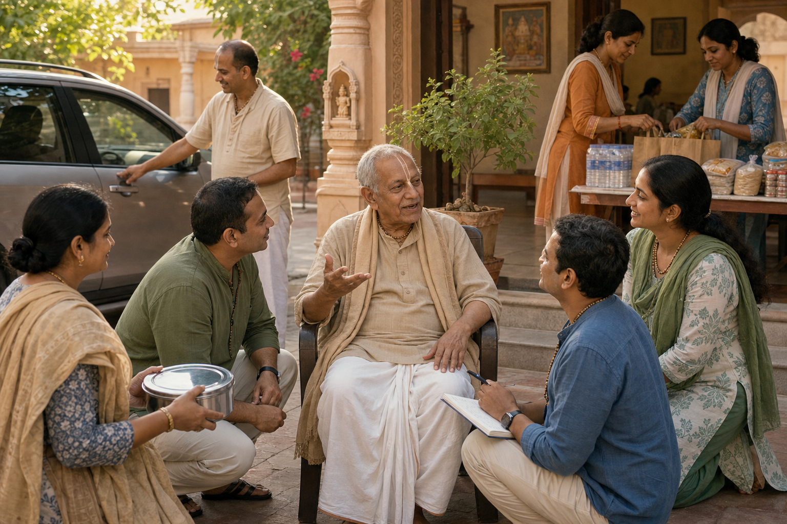 An elderly devotee participates in a conversation while community members bring a meal, coordinate transportation, and prepare care supplies in a temple courtyard.