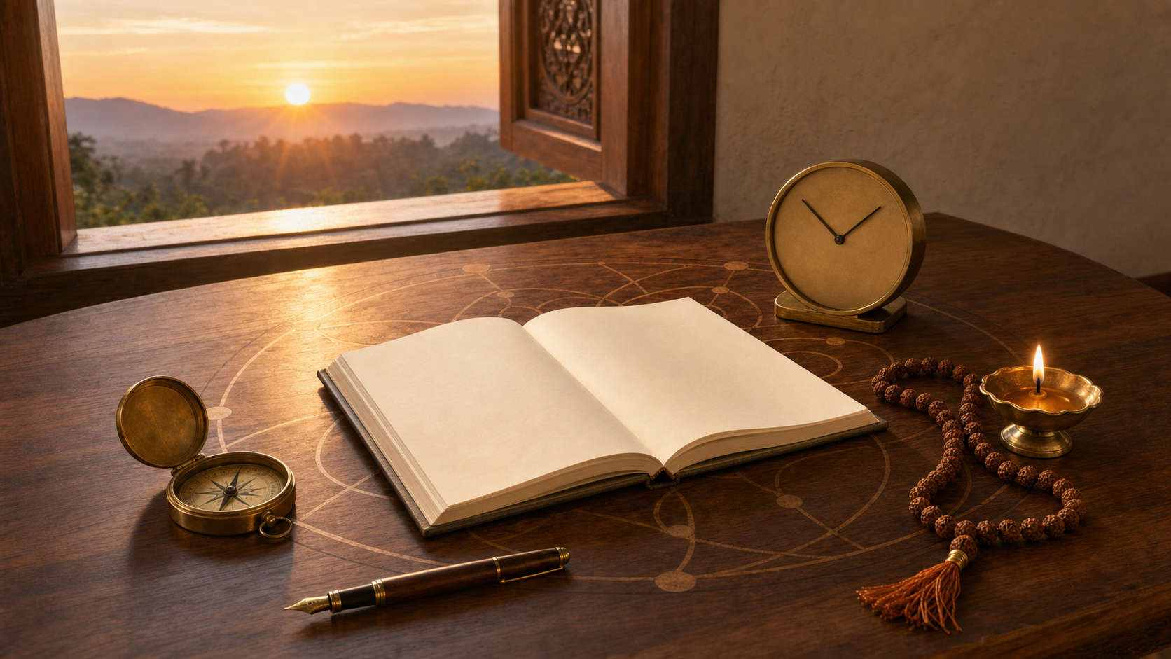 A dawn-lit desk holds an unmarked planner, compass, analog clock, prayer beads, pen, and a burning brass oil lamp beside an open window.