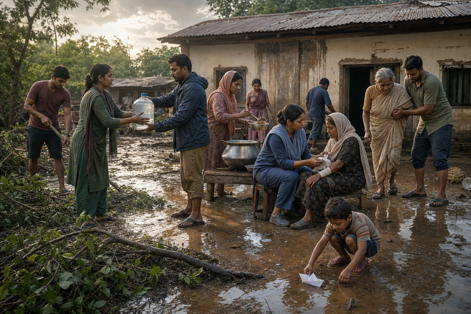 Neighbors distribute water and food, clear storm debris, and help residents while a child floats a paper boat in a shallow puddle.