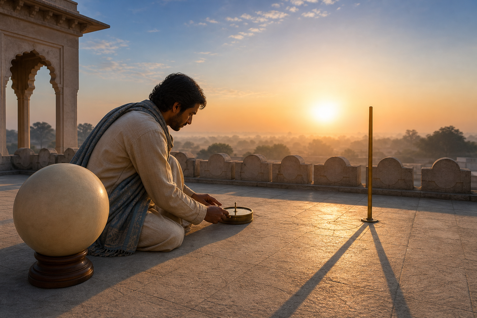 A person on a rooftop at sunrise uses a brass compass beside an unlabeled globe and a gnomon casting a long shadow.