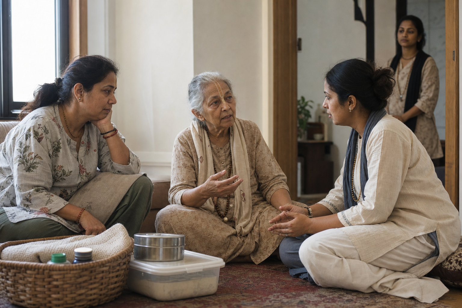 A volunteer listens to an older devotee and a family caregiver before beginning practical support in a quiet community room.
