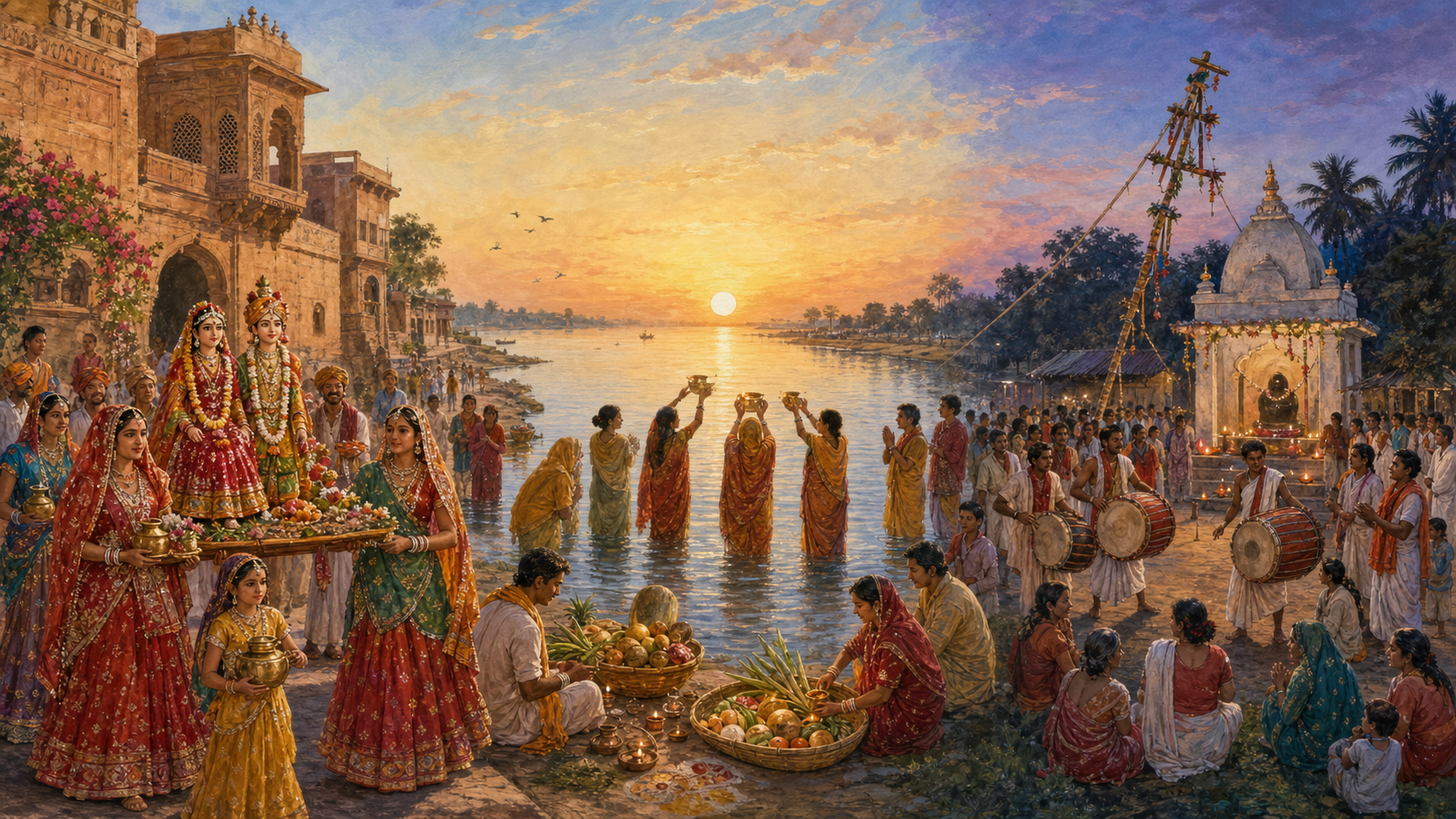 Panoramic illustration of a Gangaur procession in Rajasthan, Chaiti Chhath offerings at a river, and a Bengali Neel and Charak gathering beside a Shiva shrine and ceremonial pole.
