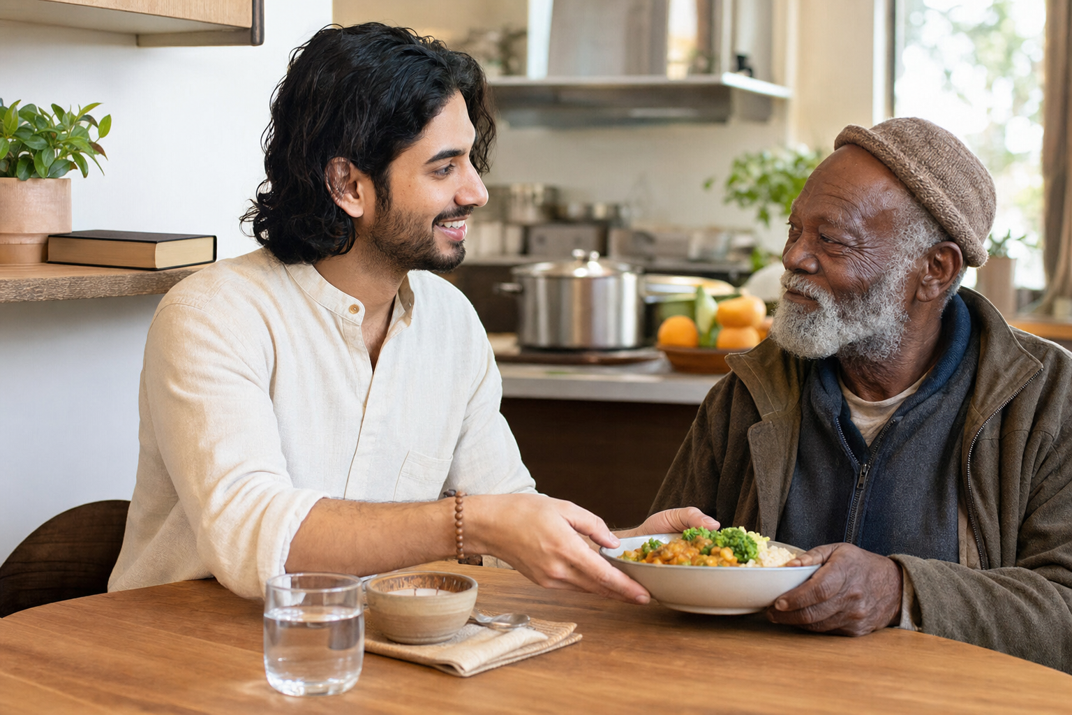 A practitioner respectfully serves a meal to an older guest in a community kitchen, with prayer beads visible at the wrist.