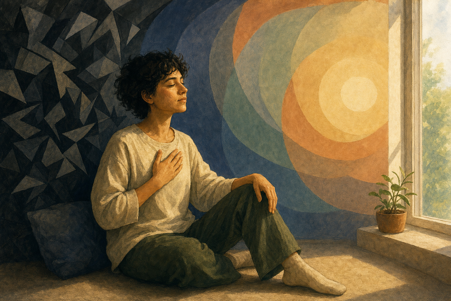 A seated adult rests one hand over their heart as dark angular shadows behind them open into soft, warm-colored shapes.