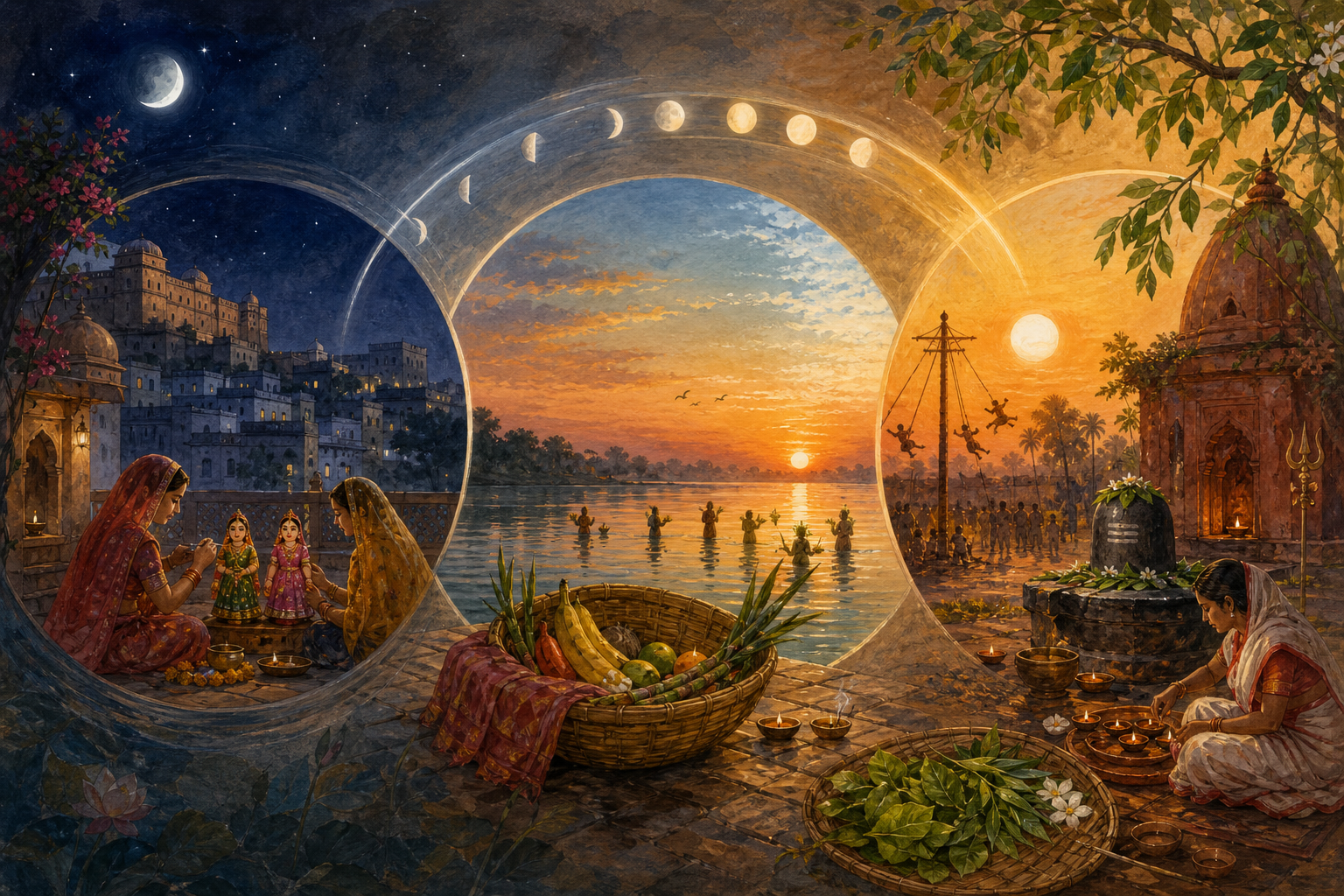 Three circular views show a moonlit Gangaur courtyard, sunset and sunrise over a Chhath riverbank, and late-Chaitra preparations at a Bengali Shiva shrine.
