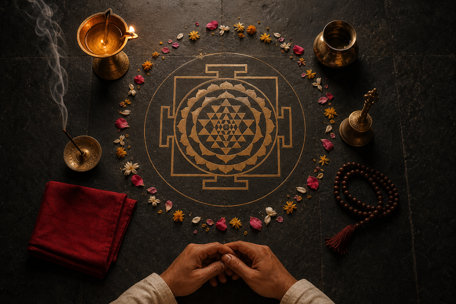 Overhead view of interconnected ritual objects arranged around a geometric yantra on a dark stone surface.