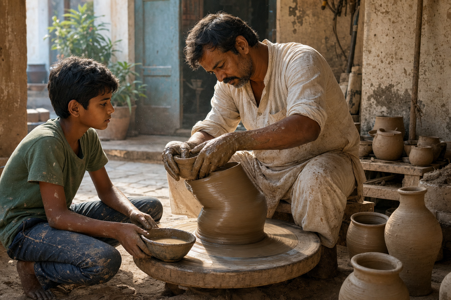 A potter calmly reshapes a slumping clay vessel on a spinning wheel while a young apprentice holds a bowl of water nearby.