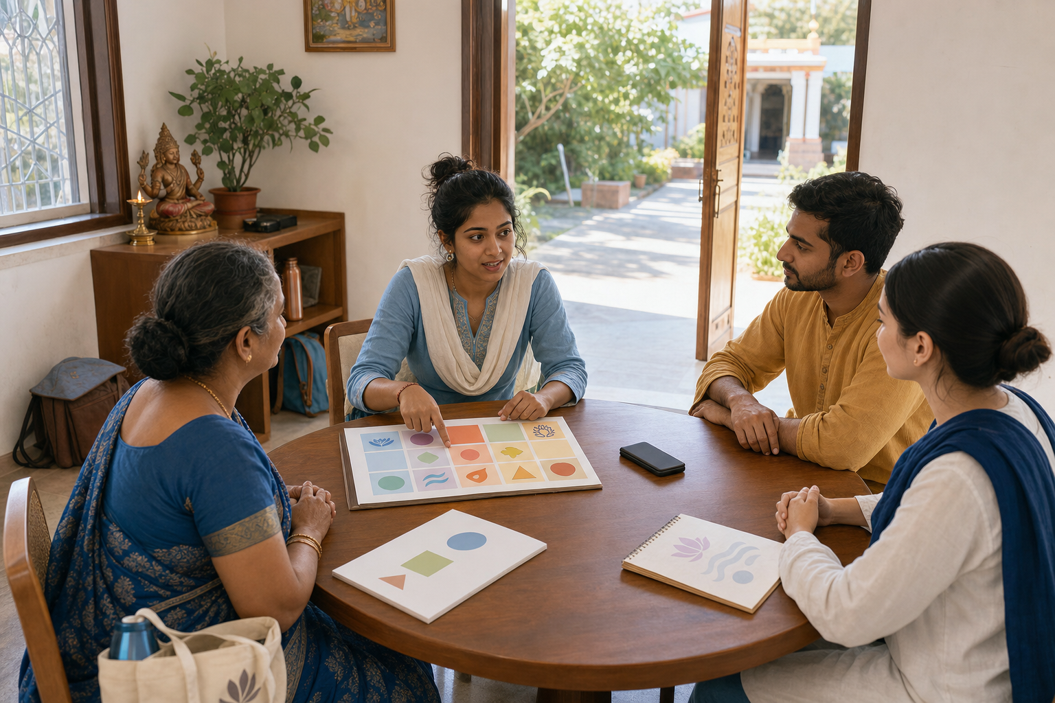 A care recipient and three community volunteers review a nonverbal schedule together around a round table in a small office.