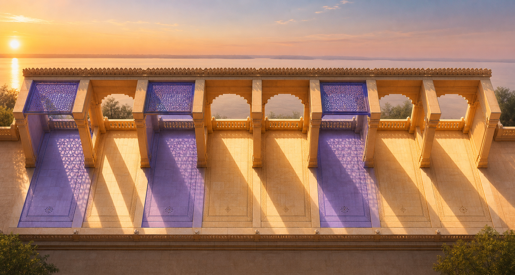 An eight-bay sandstone colonnade is mostly sunlit, with the first, third, and sixth bays covered by cool-colored shade.