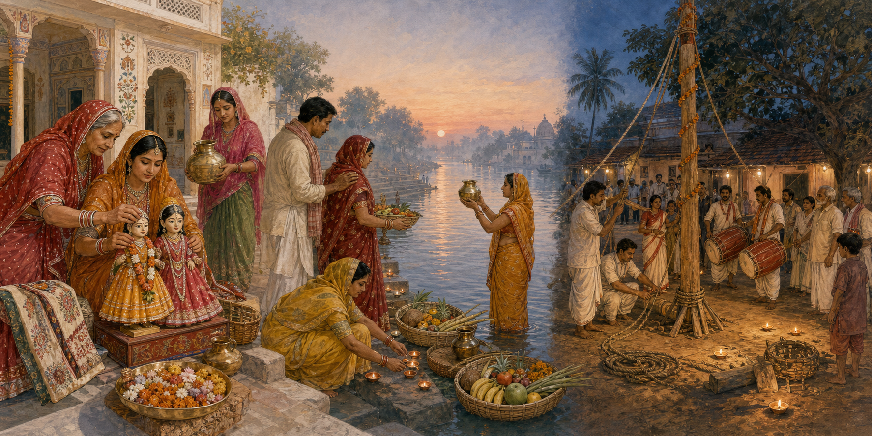 Triptych showing a Rajasthani family dressing Gangaur images, a family supporting a Chaiti Chhath vratin at the river, and a Bengali community preparing a Charak gathering ground.