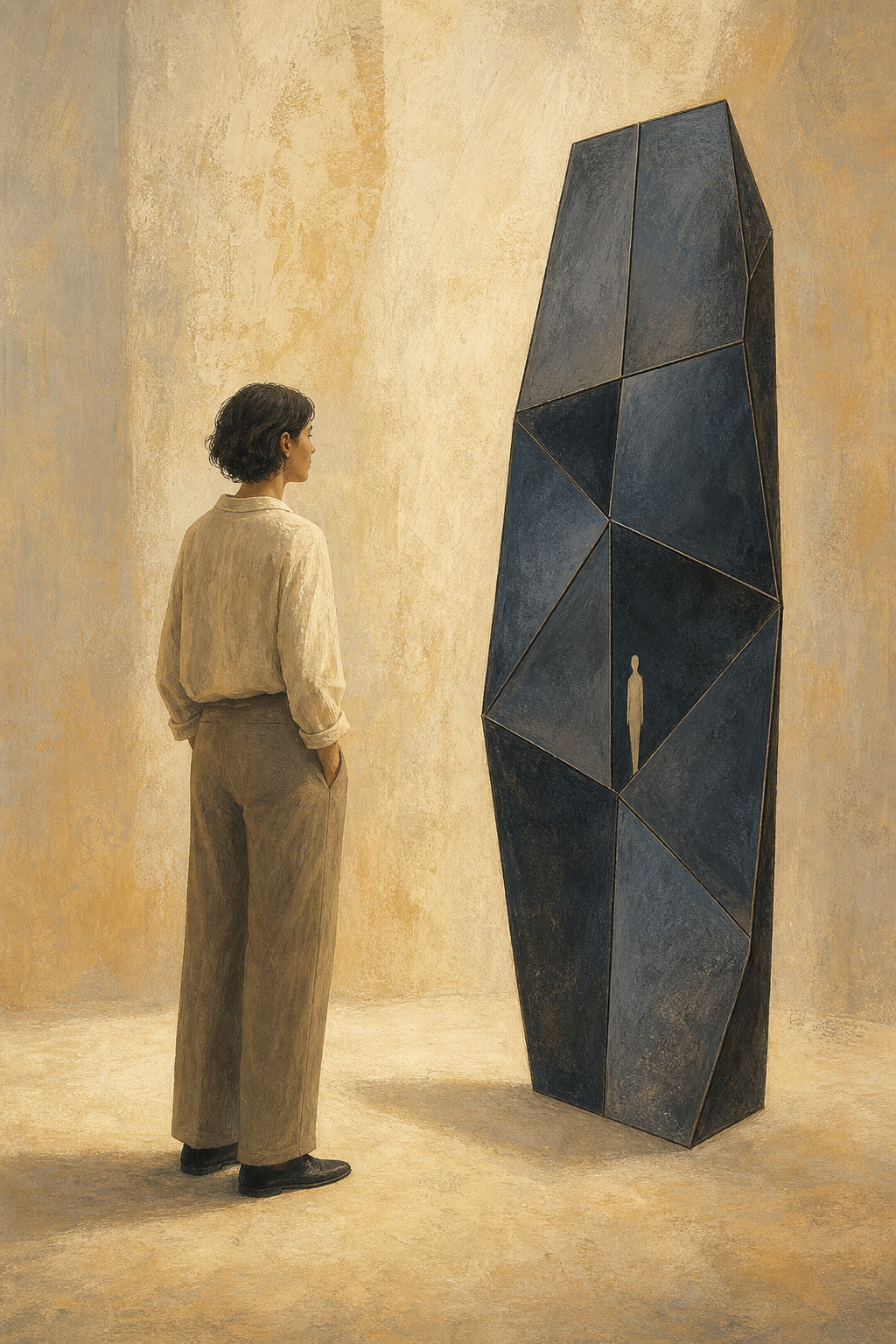 An adult stands intact beside a faceted mirror that distorts their reflection into a small fragmented silhouette.