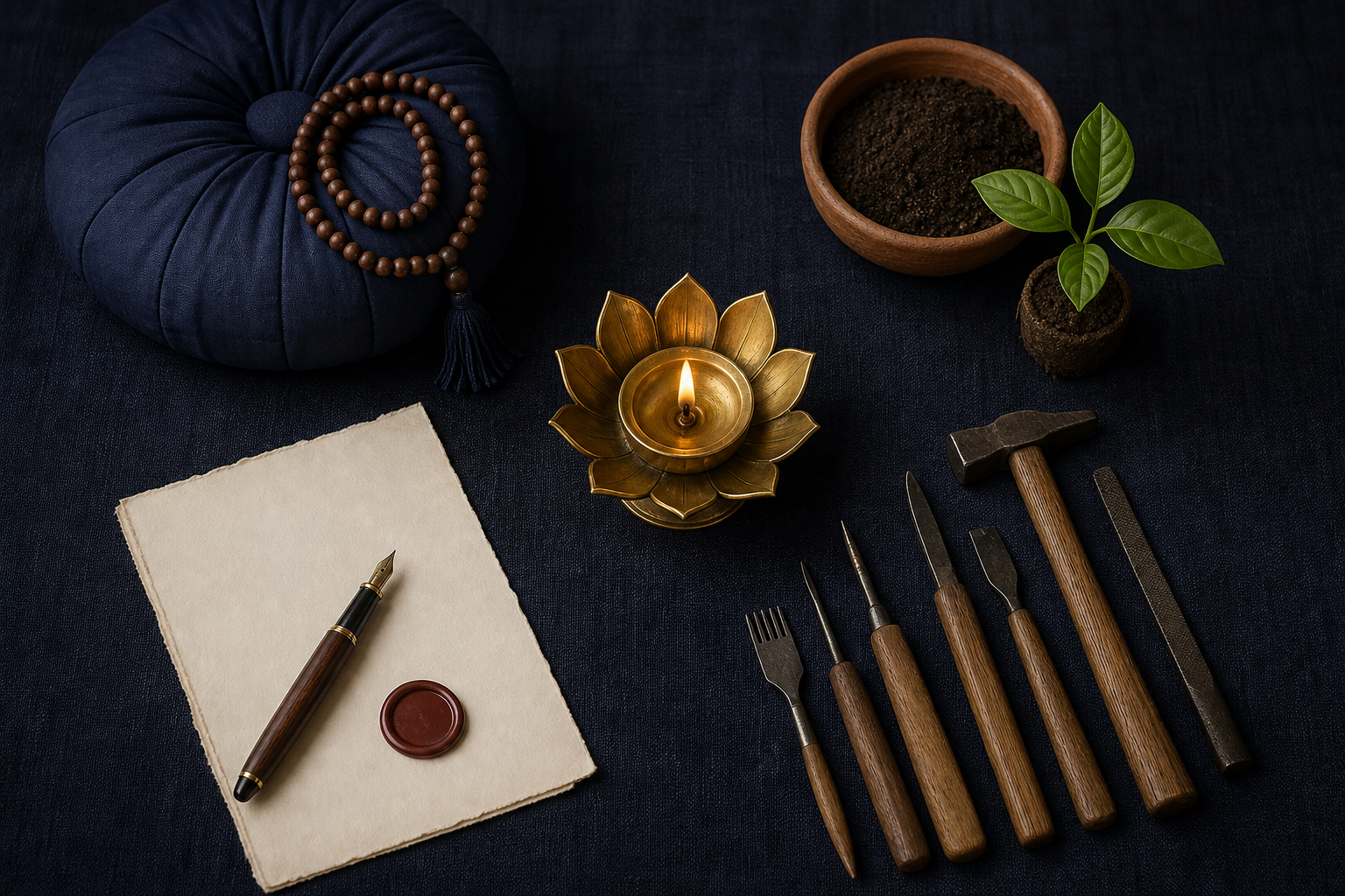 Prayer beads, a blank document and pen, a seedling, and craft tools are arranged around a central brass lotus lamp.