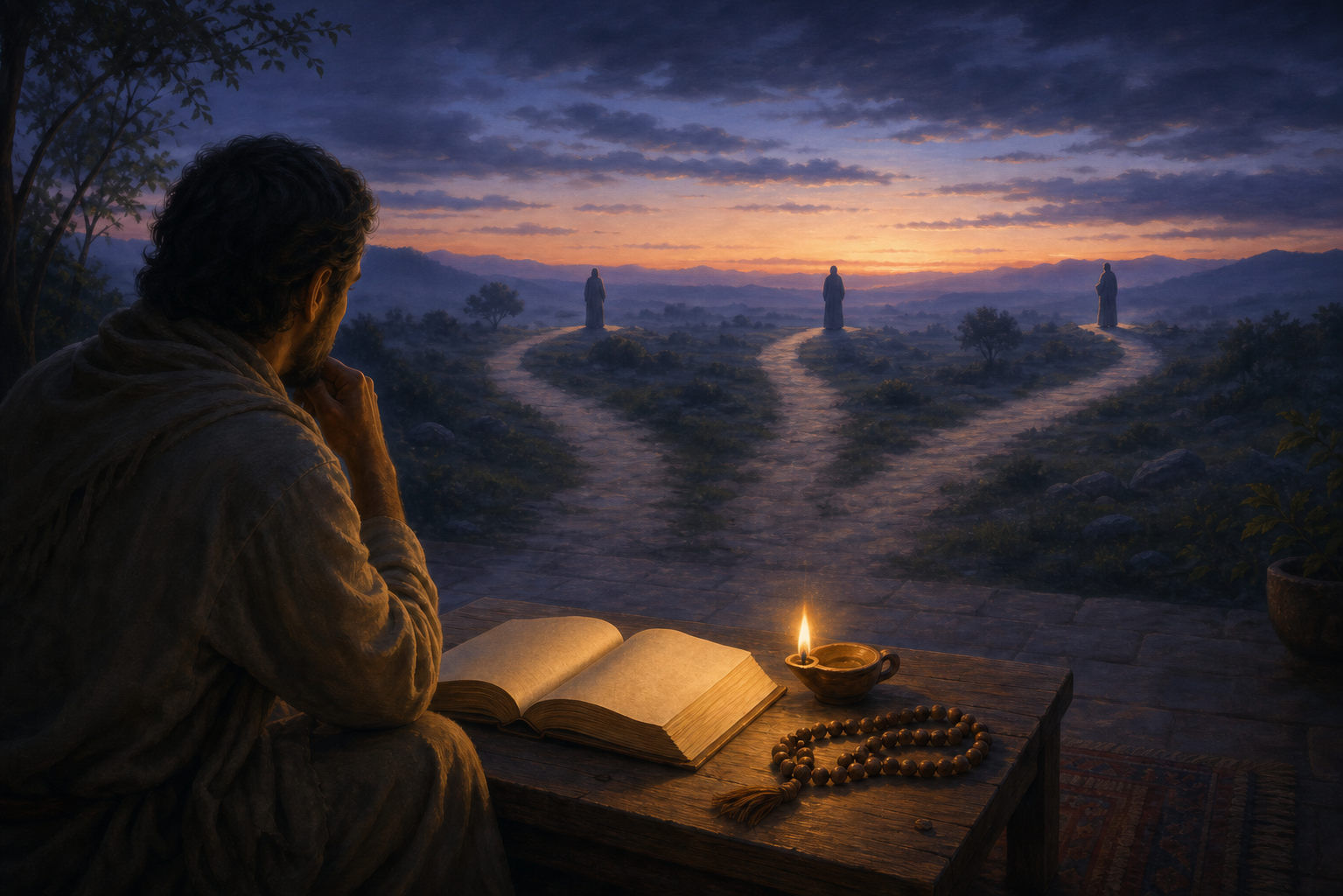 A seeker studies an open sacred book by lamplight while considering several distant paths and teacher figures.