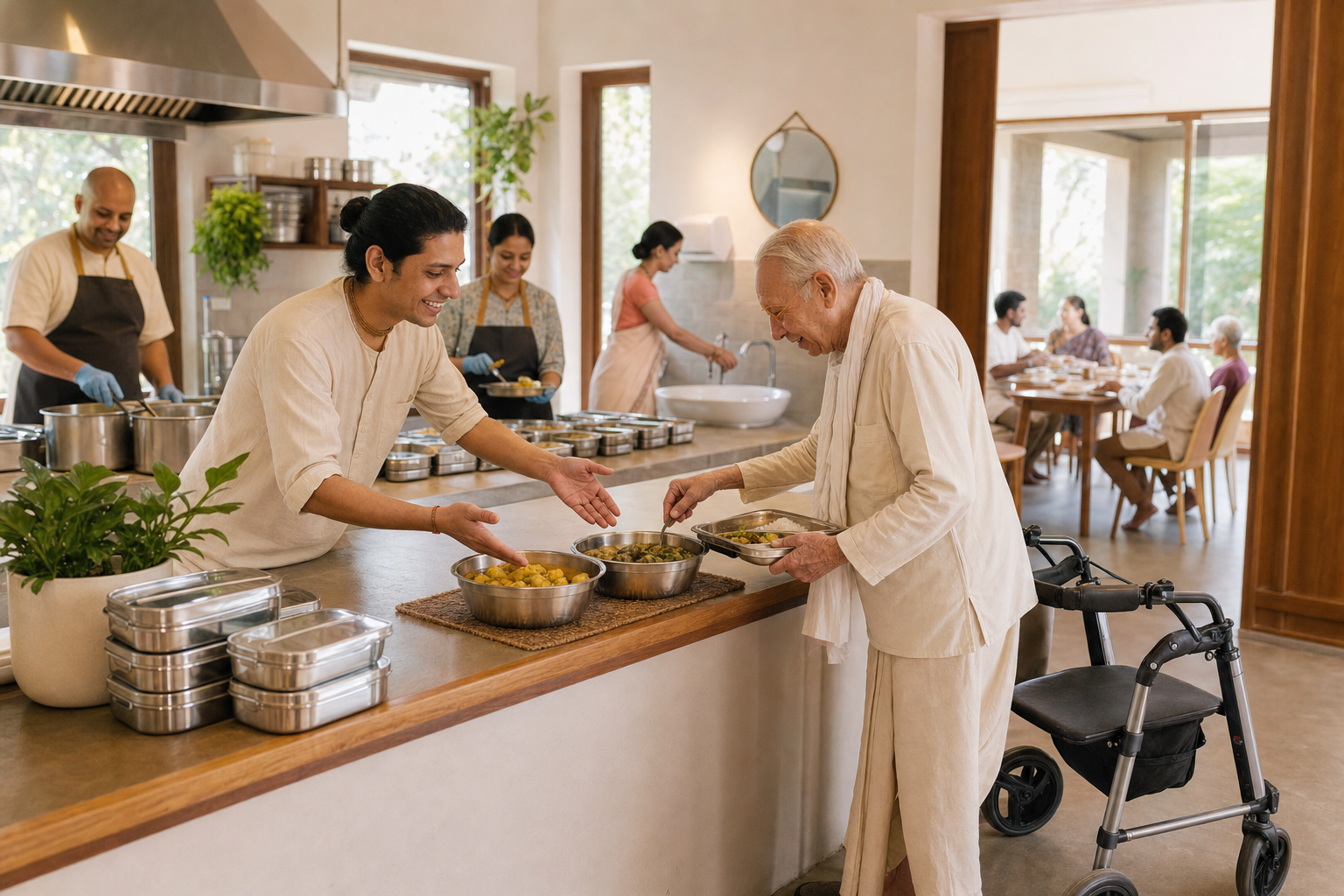 Volunteers prepare vegetarian meals in an accessible community kitchen while an older devotee chooses between two dishes.
