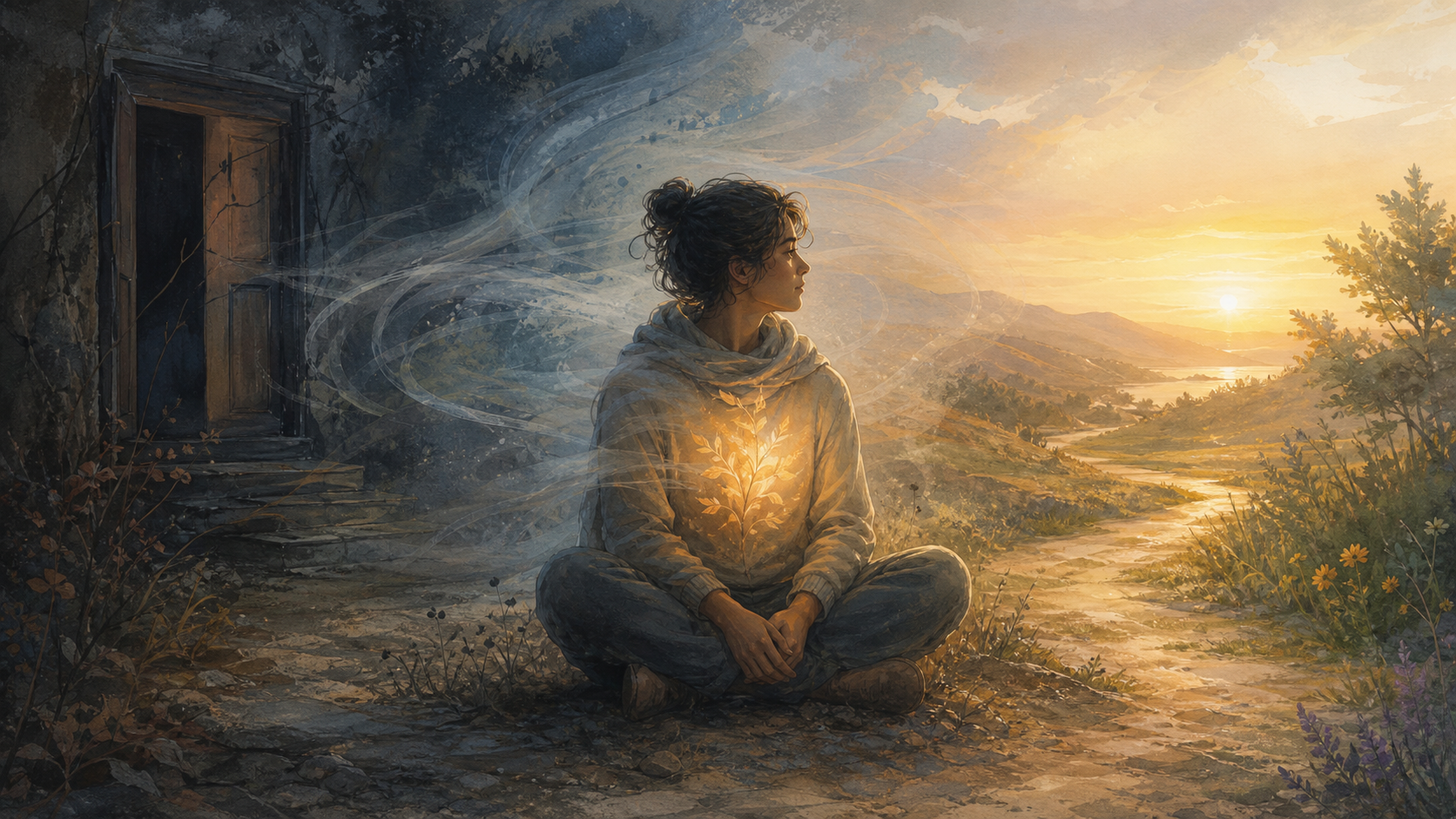 A seated adult is surrounded by four connected landscape elements: a dark doorway, moving air, a warm glow, and a sunlit path.