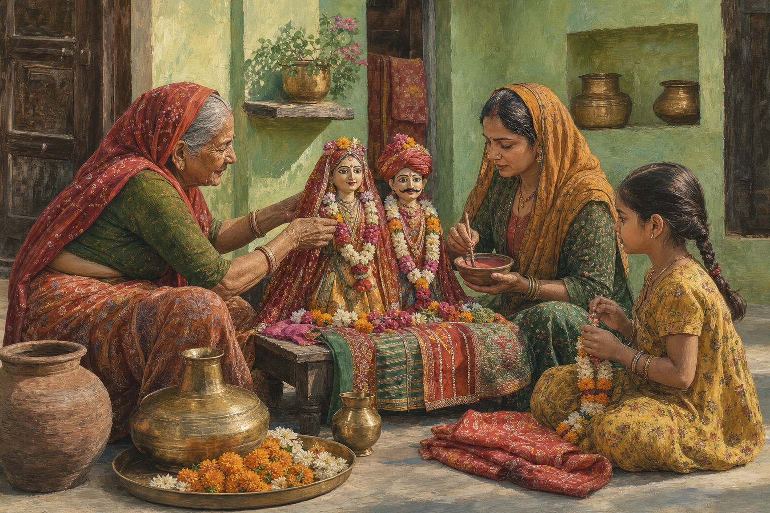 An elder guides younger family members as they decorate paired Gauri and Isar images for Gangaur in a Rajasthani home courtyard.