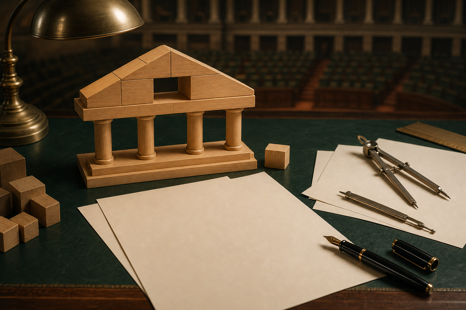 An unfinished policy draft represented by blank papers, a pen and incomplete wooden building blocks on a desk.