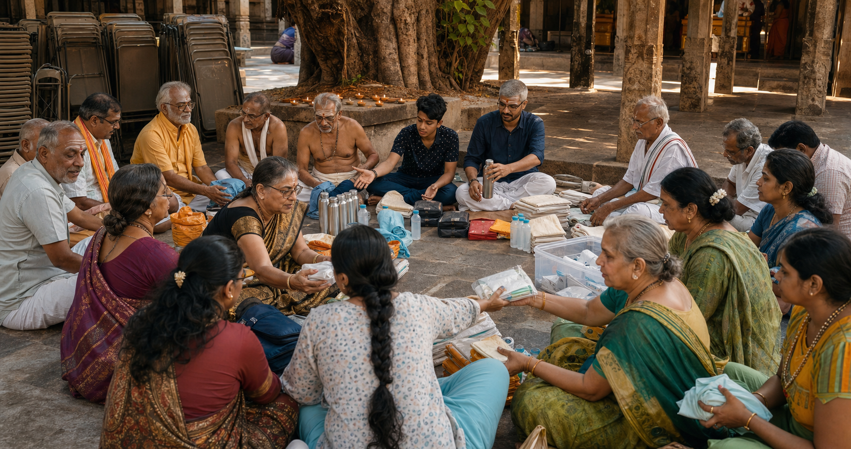 Hindu community members of different ages organize food, medical, and cleaning supplies together in a temple courtyard after a gathering.