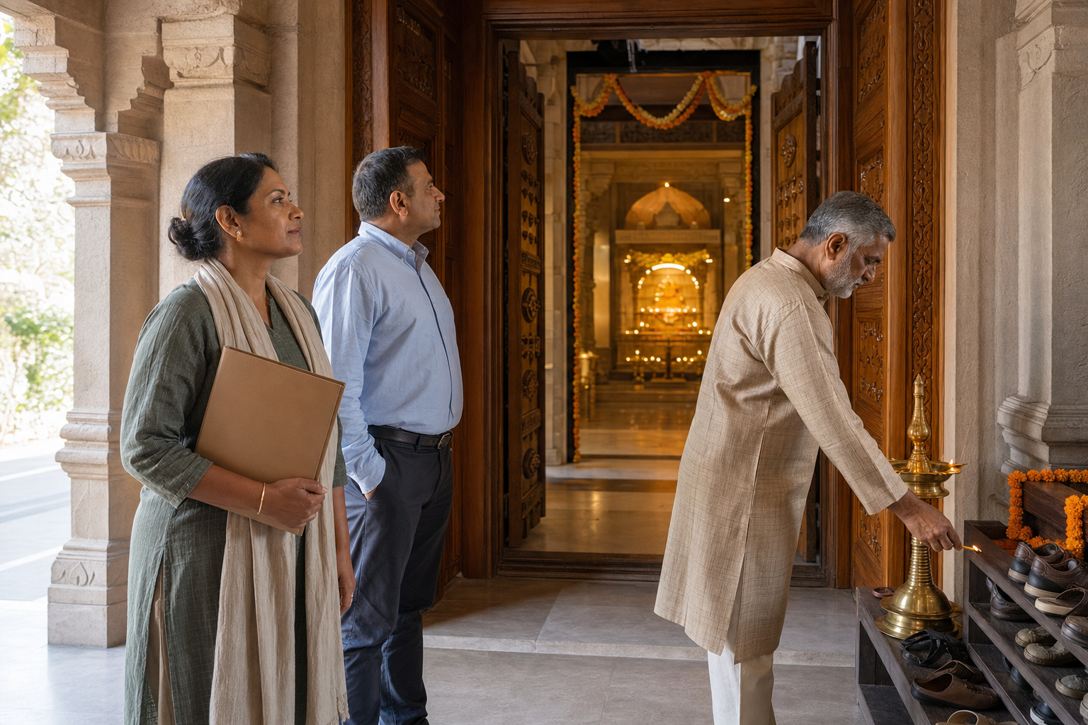 Three temple trustees stand near a mandir entrance with a property folder, an oil lamp, an orderly shoe area, and a softly lit shrine beyond.