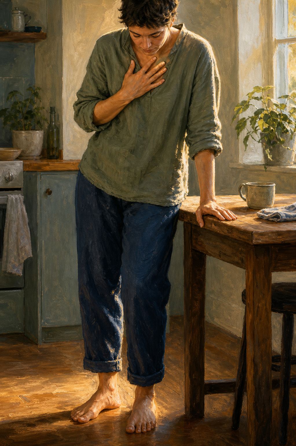 An adult pauses at a kitchen table with one hand on their chest, the other on the table, and both feet grounded on the floor.