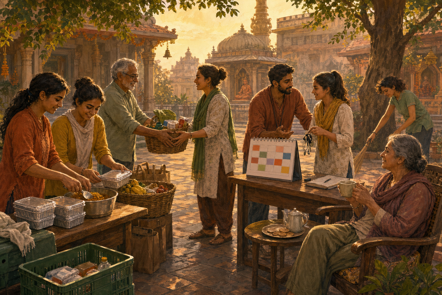 Several teams rotate meal, transportation, and supply duties in a temple courtyard while an off-duty volunteer rests with tea.