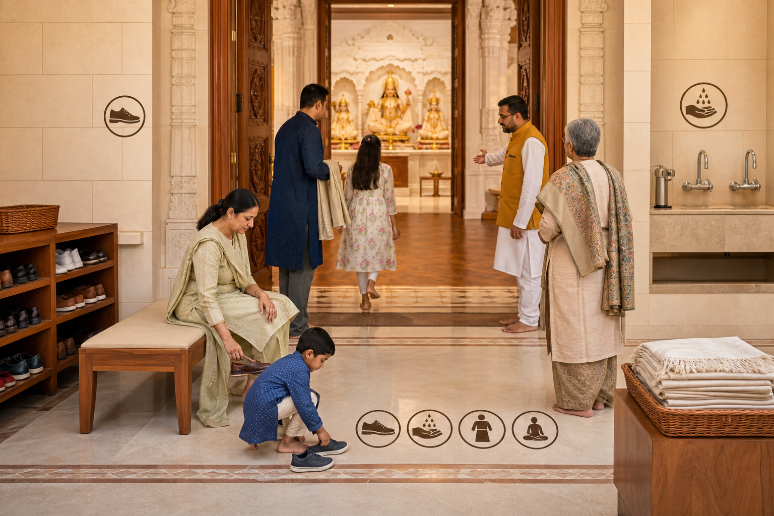 Visitors prepare to enter a temple using a shoe rack, bench, shawl basket, handwashing area, and a clearly marked floor transition.