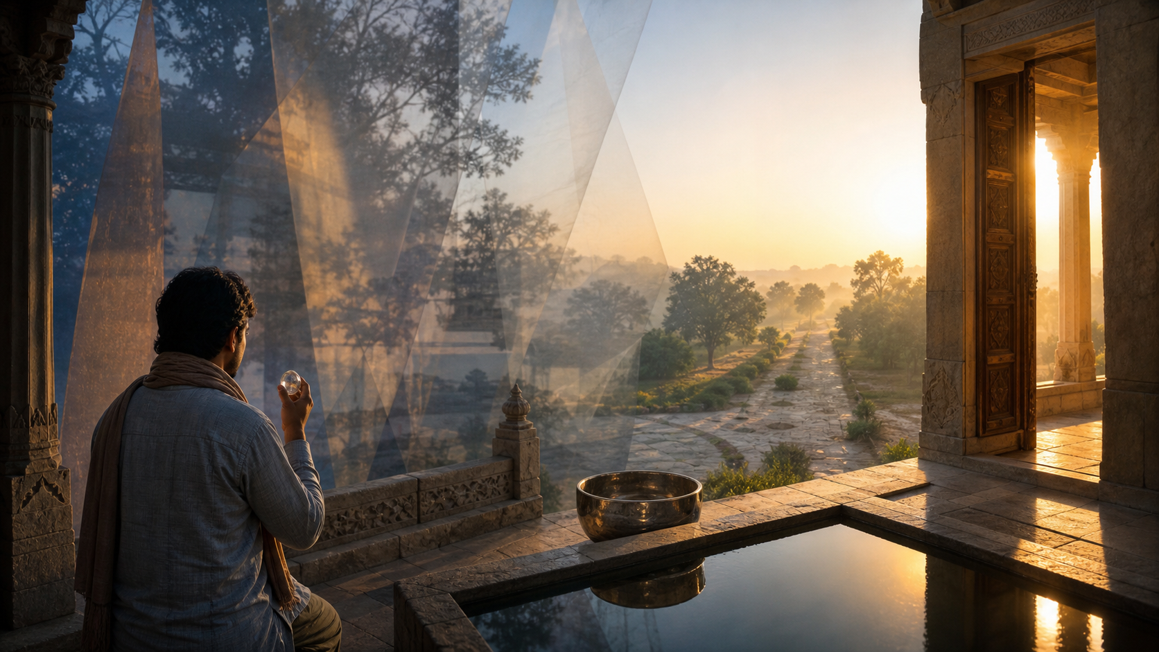 A seeker in a dawn-lit stone courtyard examines a clear crystal while translucent veils and reflections give way to a sharply visible path and trees.