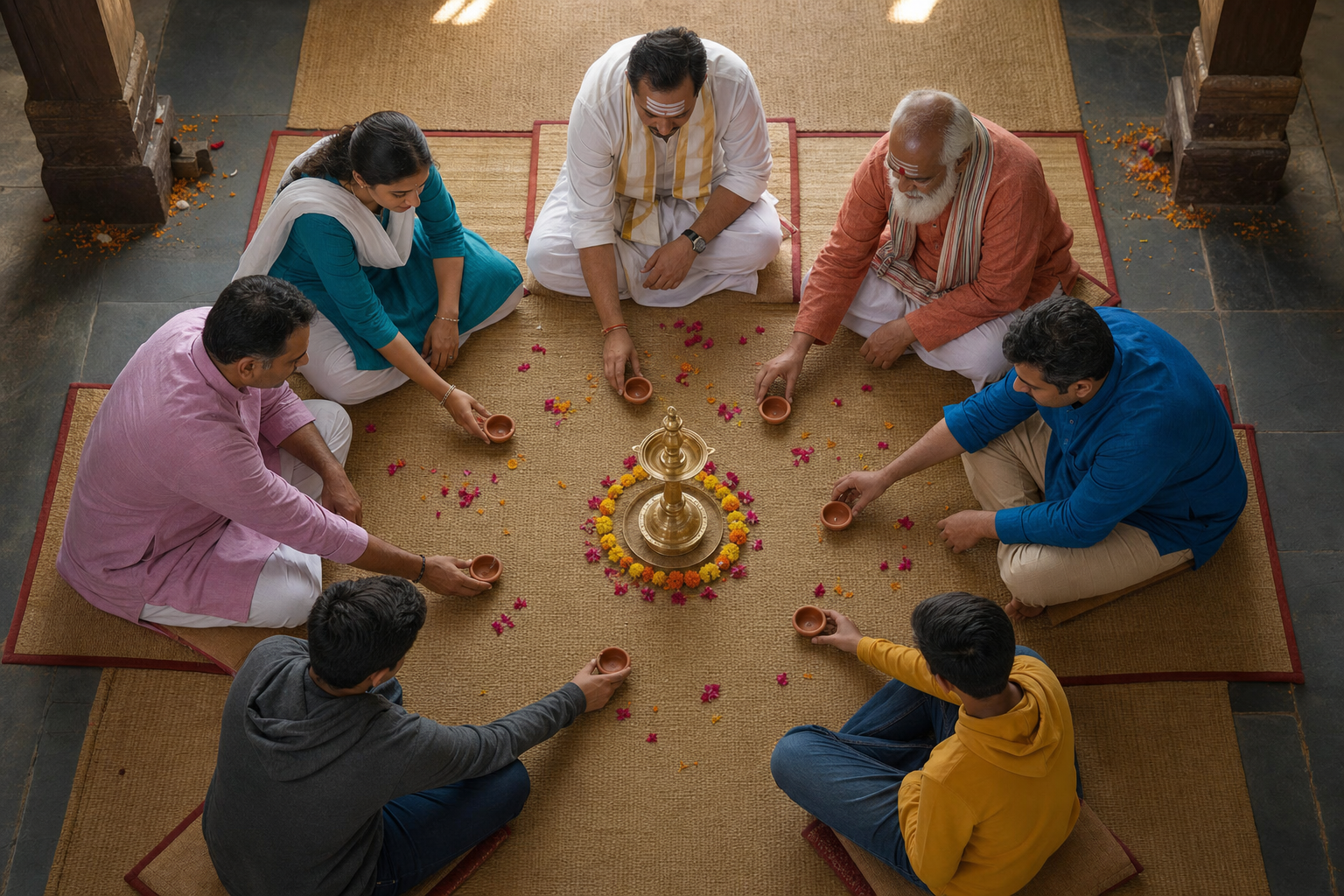 Community representatives seated in a circle place small clay lamps around a central brass lamp in a temple hall.