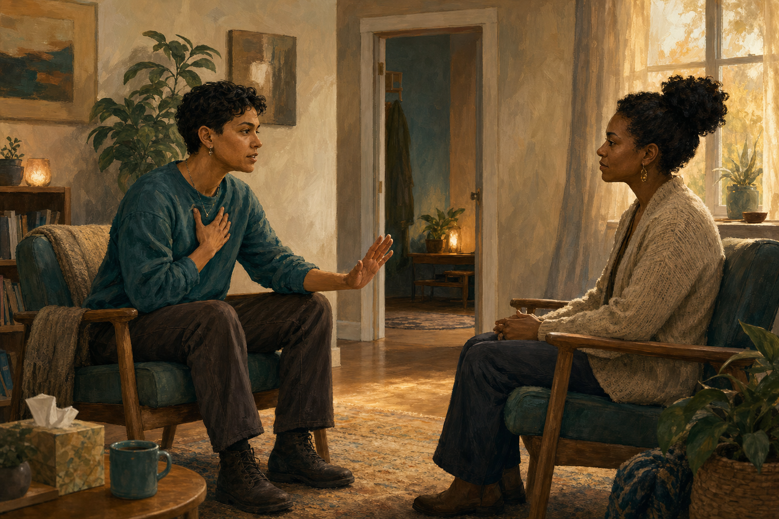 Two adults sit facing each other in a quiet room as one speaks with an open hand and the other listens respectfully.