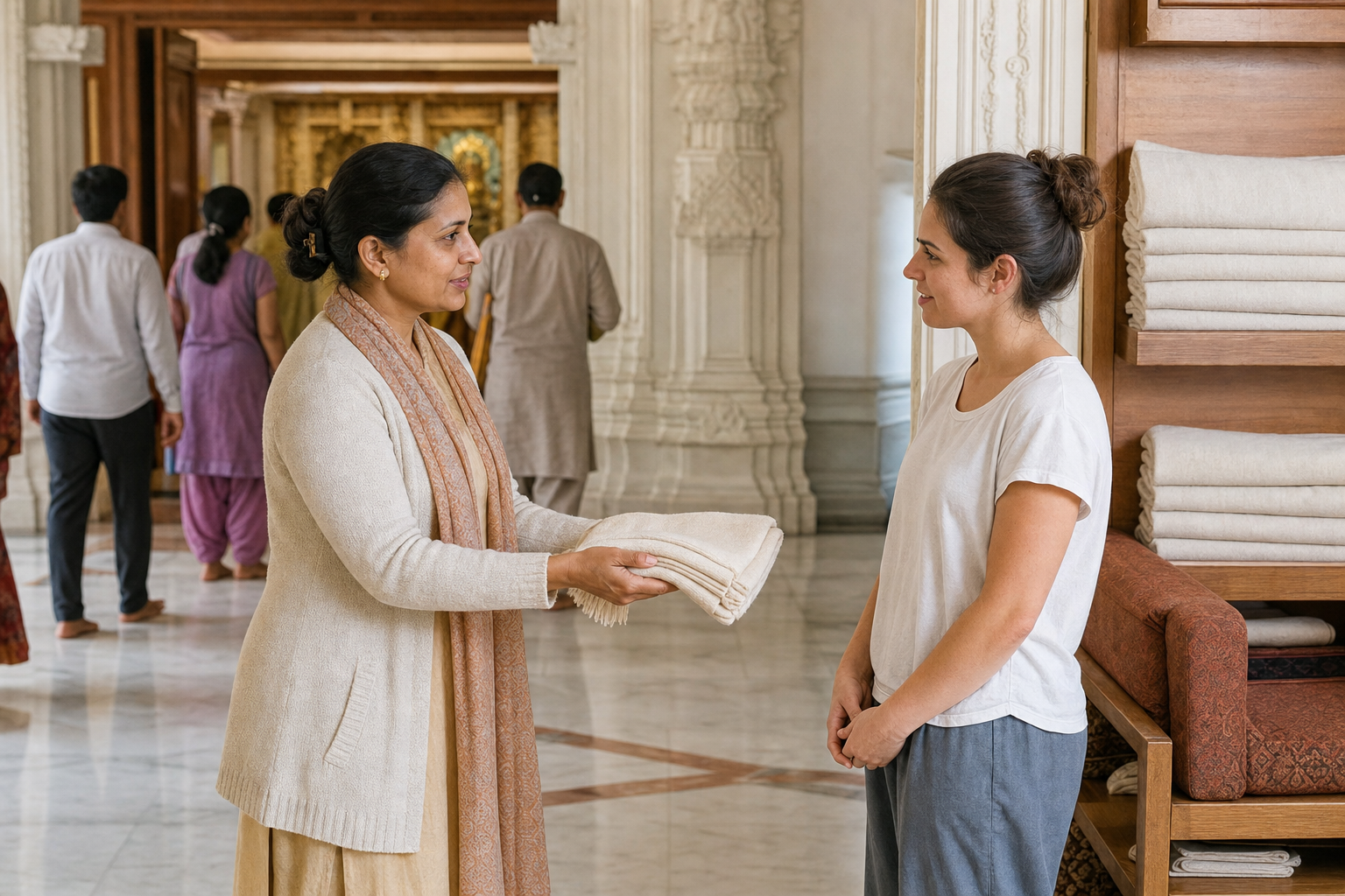 A temple volunteer privately offers a folded shawl to a visitor in a quiet foyer while other worshippers pass in the background.