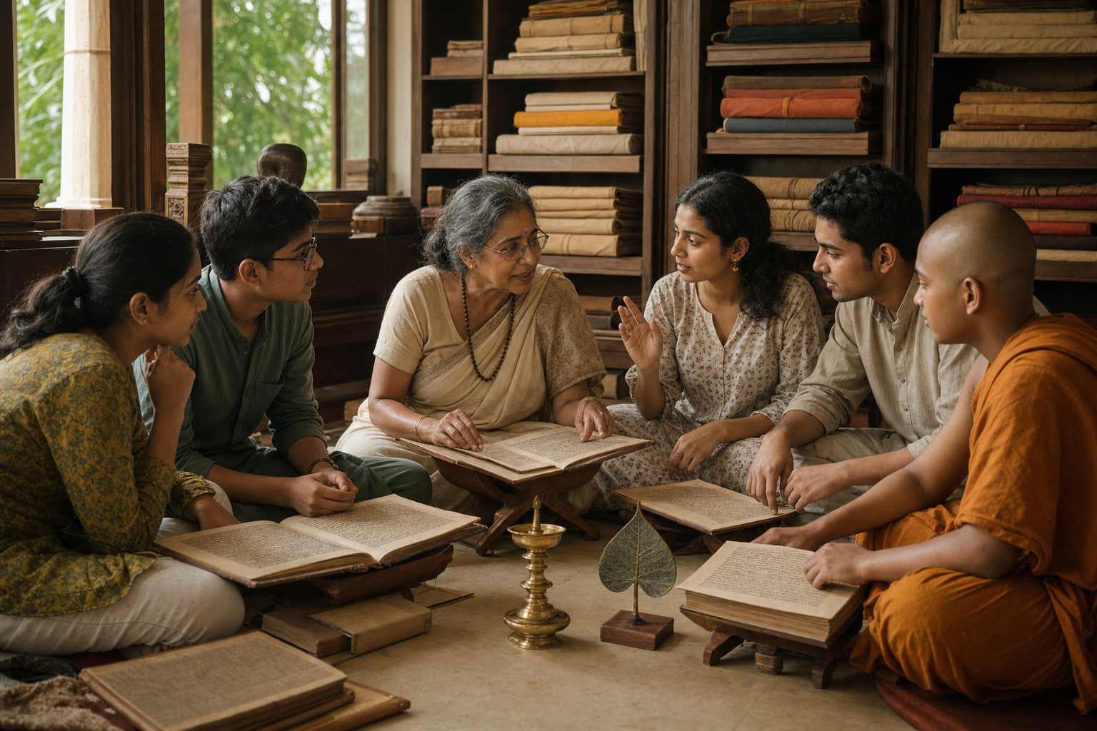 An older woman leads teenagers, adults, and a monk in a discussion around open manuscripts in a temple library.