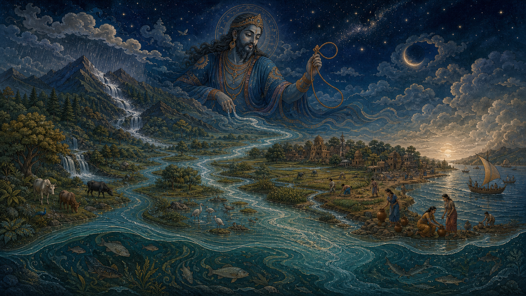A serene robed figure representing Varuna stands above a watershed flowing from rainy mountains through wetlands, farms, a settlement, and the ocean beneath an ordered starry sky.