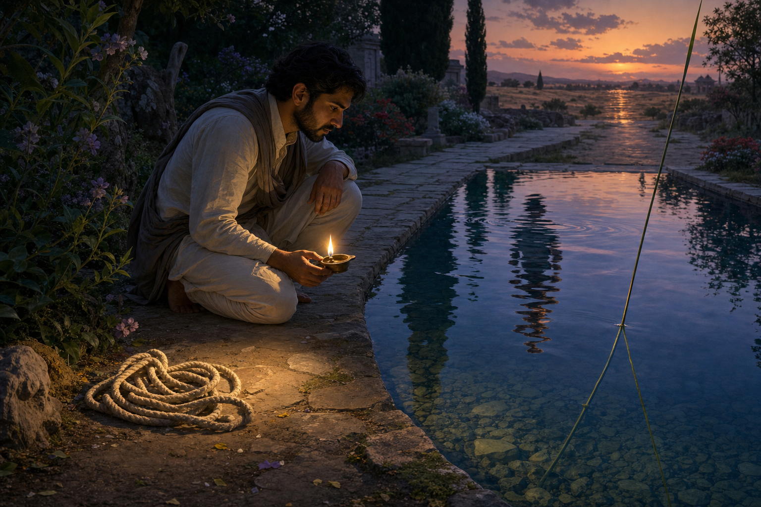An observer studies a shadowed coil of rope, a reed that appears bent in water, a reflection broken by ripples, and heat shimmer over a distant path.